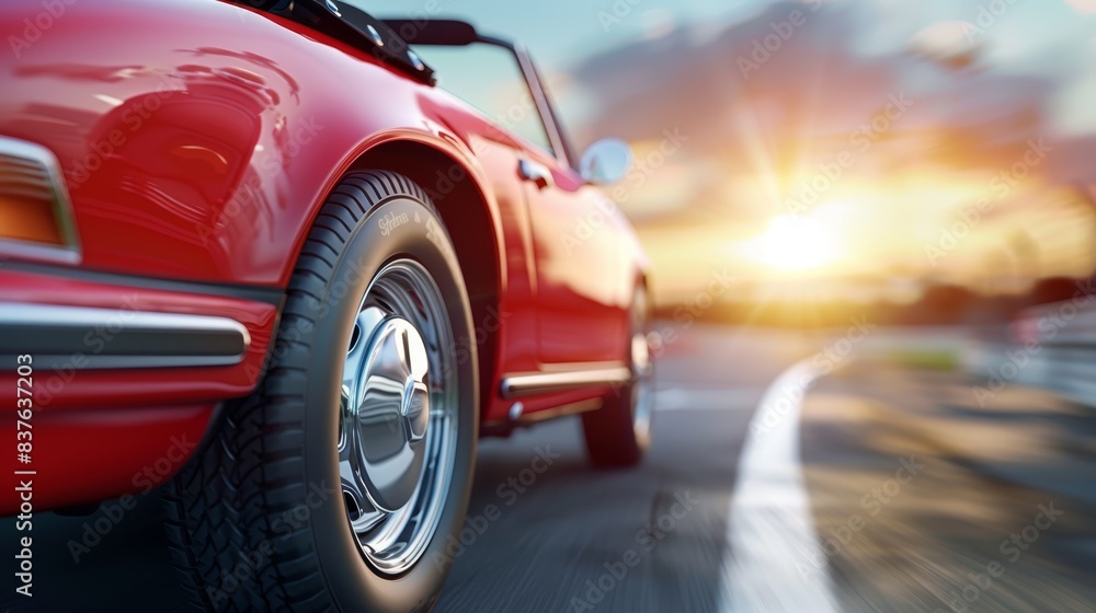  A red car's close-up drives on a road Sun rays pierce distant clouds, creating a hazy depiction of the car's rear end