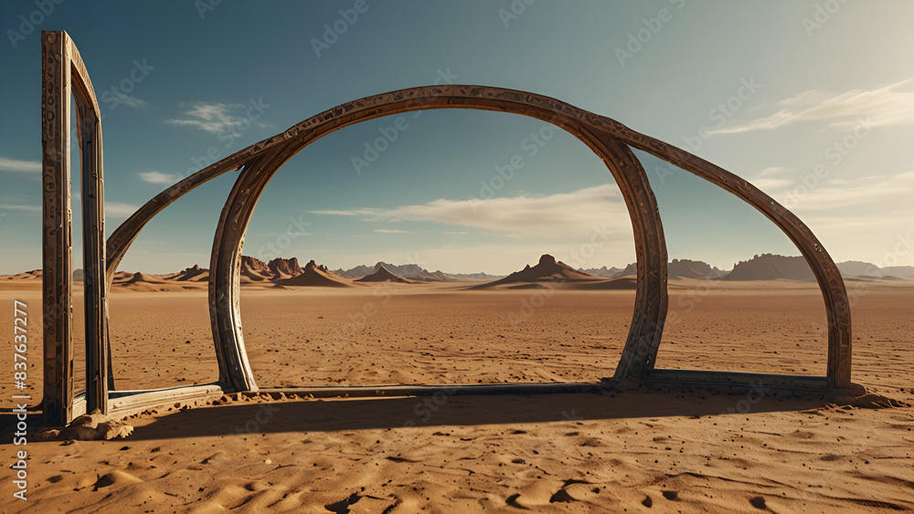Fototapeta premium A mirror plane in the middle of the sunny Sahara Desert, creating a surreal illusion of a dream portal or tourism travel mockup