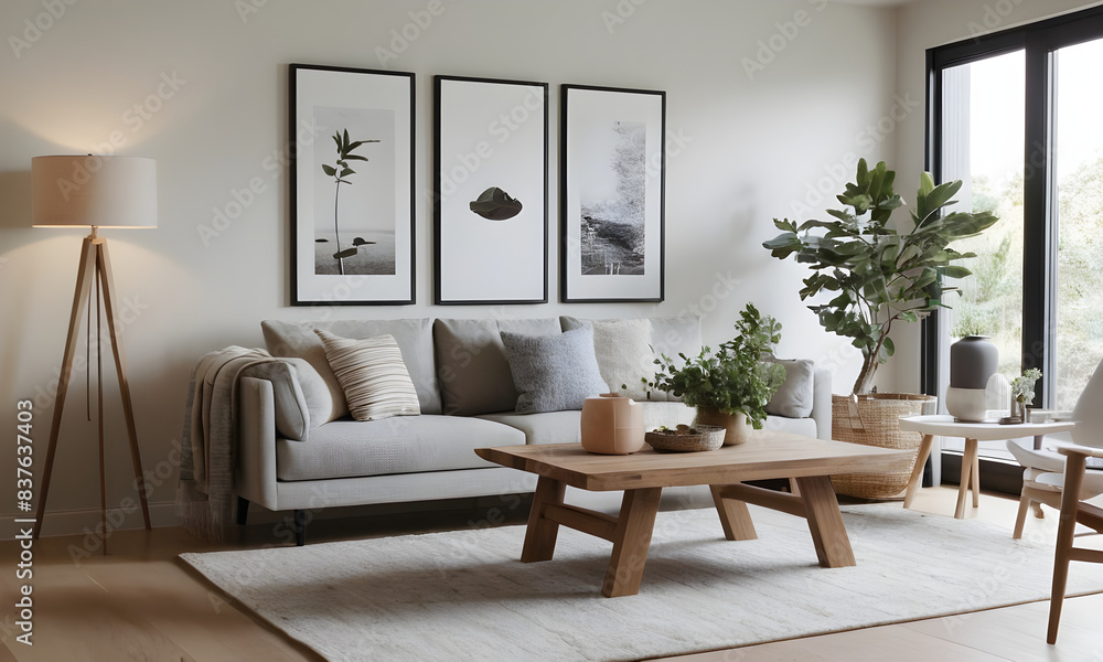 Fototapeta premium Contemporary living room with an elegant interior design, neutral color palette, natural light, and lush green plants