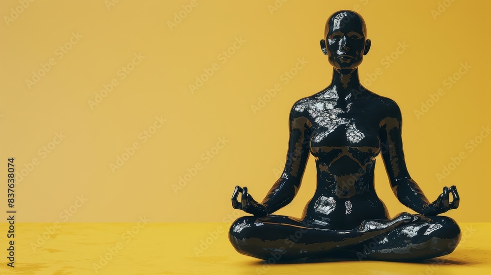 A statue of a woman in a yoga pose, hands elevated and eyes closed, atop a yellow base against a yellow backdrop A statue of a woman in a yoga pose, hands elevated and eyes closed, atop a yellow base against a yellow backdrop
