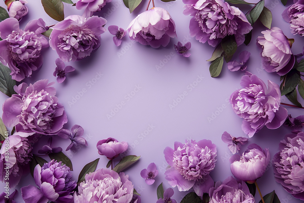 Empty feminine lilac purple peony flowers frame on graceful lilac background Empty feminine lilac purple peony flowers frame on graceful lilac background