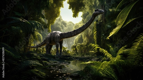 Photograph of a Brachiosaurus grazing in a lush prehistoric jungle 