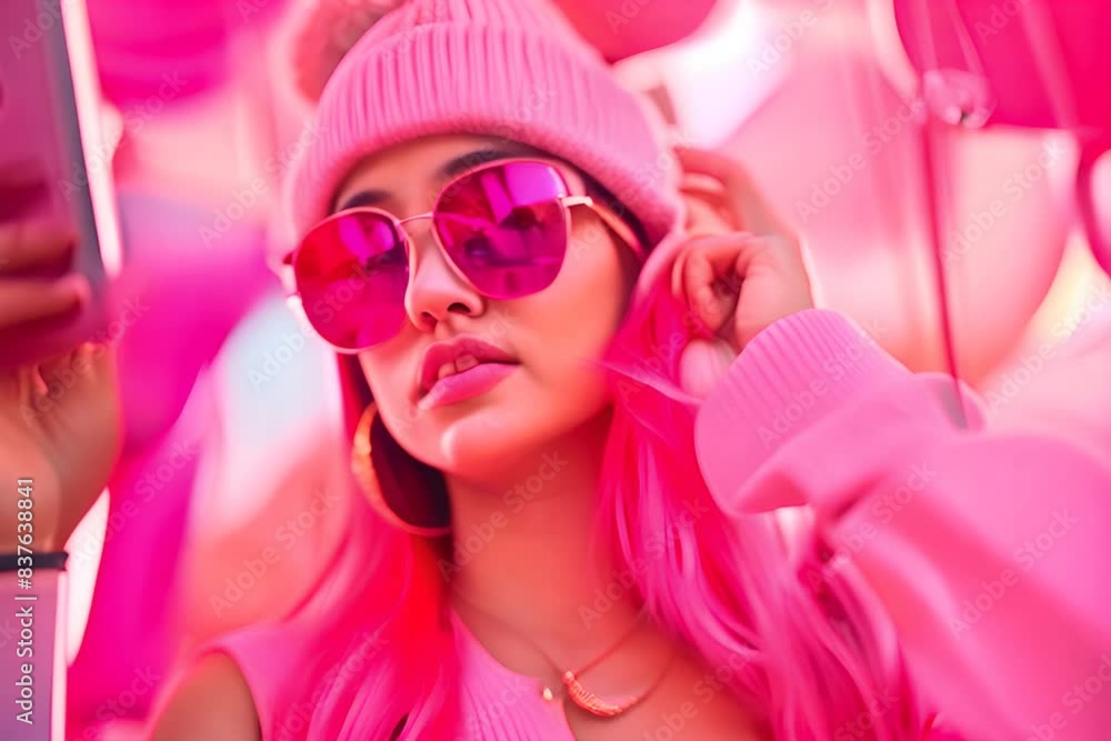 Blogger Woman, Pink Hear, Female Influencer Vlogging Online with Smartphone Cam, Vlog Girl, Youth People and Social Media Lifestyle, Generative AI Illustration Blogger Woman, Pink Hear, Female Influencer Vlogging Online with Smartphone Cam, Vlog Girl, Youth People and Social Media Lifestyle, Generative AI Illustration