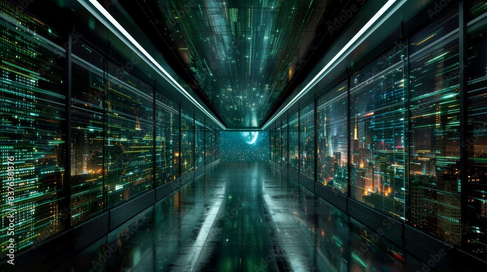 A lengthy corridor with numerous windows and lights along the walls, illuminating many windows on the sides A lengthy corridor with numerous windows and lights along the walls, illuminating many windows on the sides