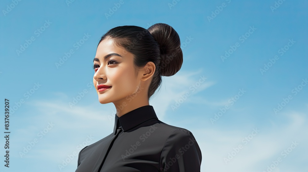 photograph of a charming Asian flight attendant, her hair neatly tied in a bun, radiating elegance and professionalism, her gaze fixed on the camera, with a clear blue sky background 