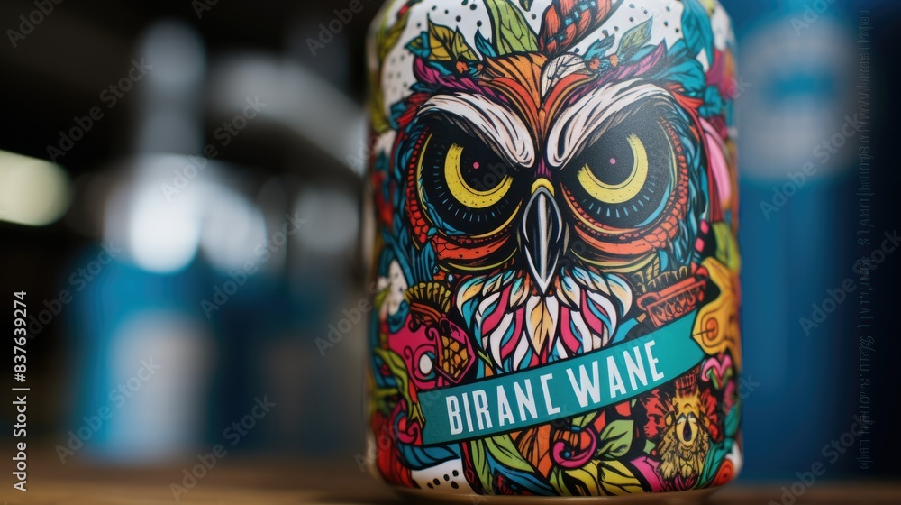 Fototapeta premium Photograph of a close-up of a colorful beer label, showcasing intricate details and eye-catching typography