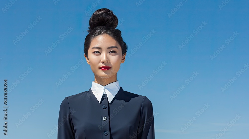 photograph of a charming Asian flight attendant, her hair neatly tied in a bun, radiating elegance and professionalism, her gaze fixed on the camera, with a clear blue sky background photograph of a charming Asian flight attendant, her hair neatly tied in a bun, radiating elegance and professionalism, her gaze fixed on the camera, with a clear blue sky background