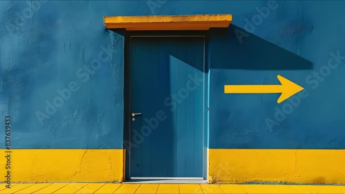 Blue door on yellow floor with yellow arrow blue background and rightpointing arrow. Concept Colorful Photoshoot, Vibrant Backdrops, Arrow Props, Color Coordination, Doorway Decor photo