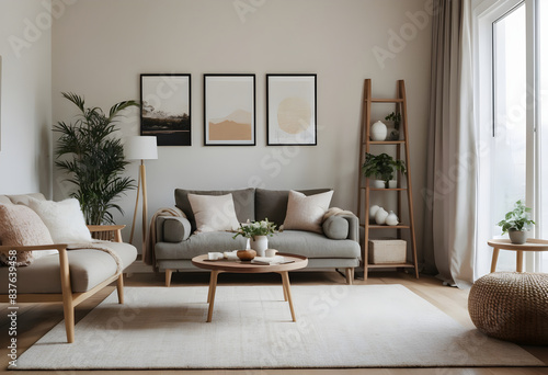 Inviting modern living room with a cozy couch  stylish wall art  and vibrant houseplants for a welcoming ambiance