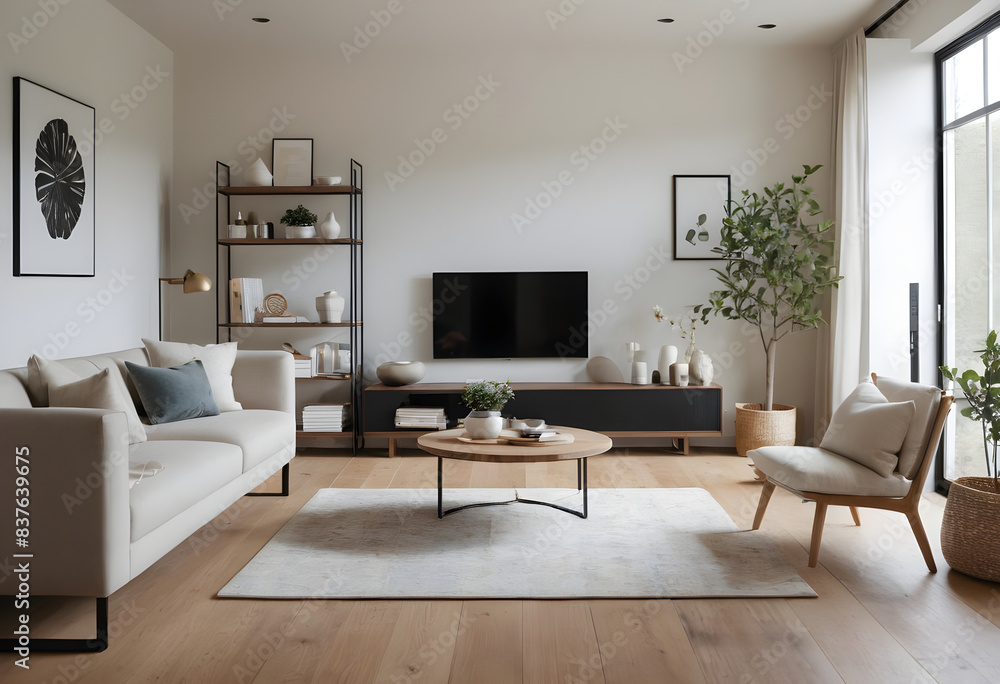 Spacious and stylish modern living room with cozy beige sofas, minimalist décor, and plenty of natural light Spacious and stylish modern living room with cozy beige sofas, minimalist décor, and plenty of natural light