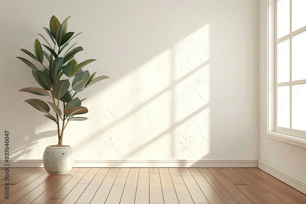 Empty White Room with Wooden Floor and Single Potted Plant, Sunlight from Window on White Wall Background Empty White Room with Wooden Floor and Single Potted Plant, Sunlight from Window on White Wall Background