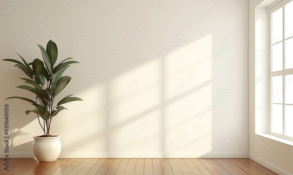 Empty White Room with Wooden Floor and Single Potted Plant, Sunlight from Window on White Wall Background Empty White Room with Wooden Floor and Single Potted Plant, Sunlight from Window on White Wall Background