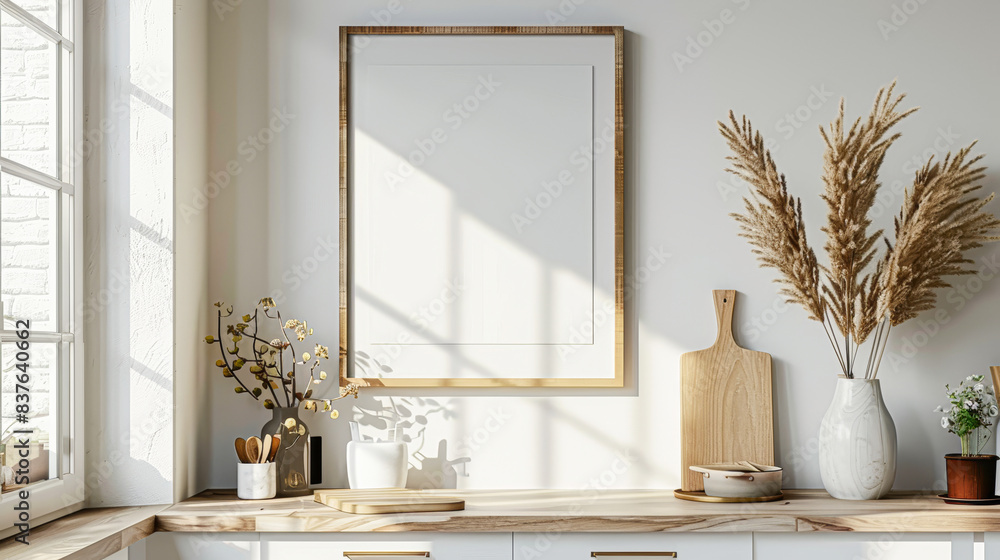 A white framed picture hangs on a wall in a kitchen A white framed picture hangs on a wall in a kitchen