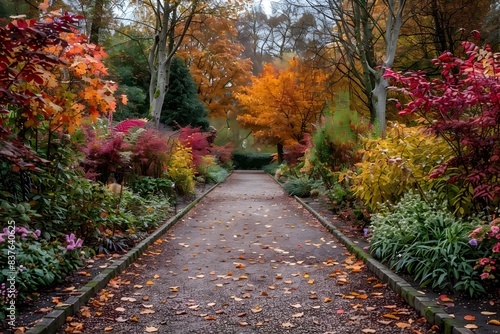 Enchanting Autumn Pathway Through a Botanical Garden with Vibrant Foliage