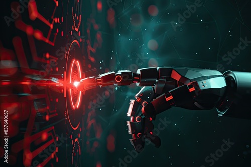 AI Robotics Hand Pointing to Futuristic Hologram Screen with Red Light Glow on Dark Background