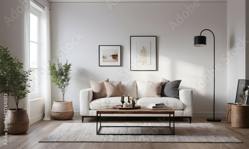 Cozy minimalist living room with a comfortable sofa  plants  wall art  and a coffee table in a bright  airy space