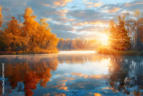 Golden Autumn Sunset over Tranquil Lake with Colorful Reflected Trees