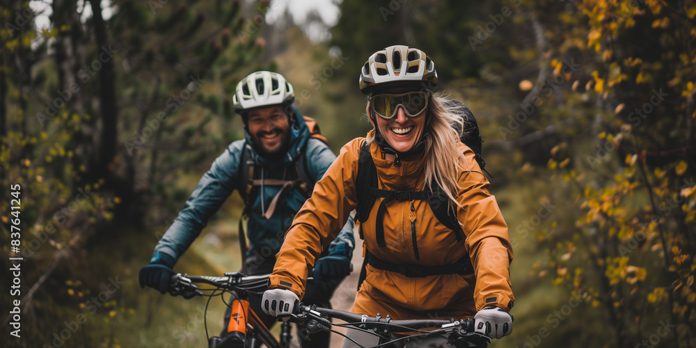 Cheerful active mature couple with bicycle in outdoor forest together having fun lifestyle. Perfect activities for sporty people. Happy mature couple riding bicycles in nature. Generative AI Technolog Cheerful active mature couple with bicycle in outdoor forest together having fun lifestyle. Perfect activities for sporty people. Happy mature couple riding bicycles in nature. Generative AI Technolog