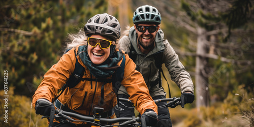 Cheerful active mature couple with bicycle in outdoor forest together having fun lifestyle. Perfect activities for sporty people. Happy mature couple riding bicycles in nature. Generative AI Technolog