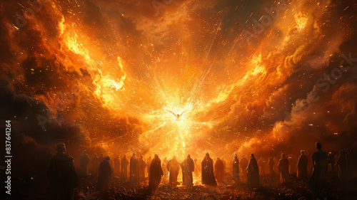 Pentecost. The descent of the Holy Spirit on the followers. People in front of a bright fire with white dove. Digital painting.generative ai