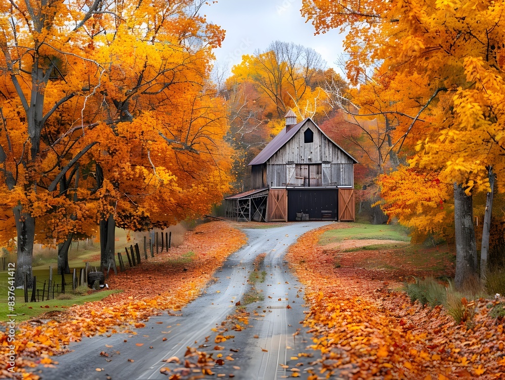 Fototapeta premium Scenic Country Road Winding Through Vibrant Autumn Foliage Leading to a Rustic Barn in a Picturesque Rural Landscape