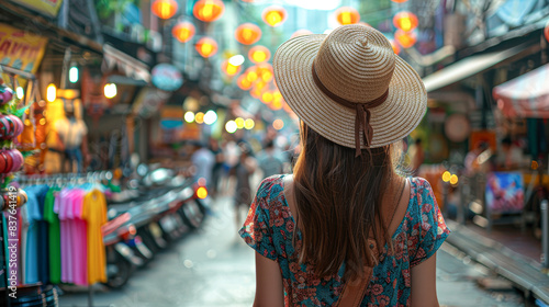 Serene Woman with Stylish Hat Immersing in the Vibrant Atmosphere of an Asian Street Market, with Copyspace for Text