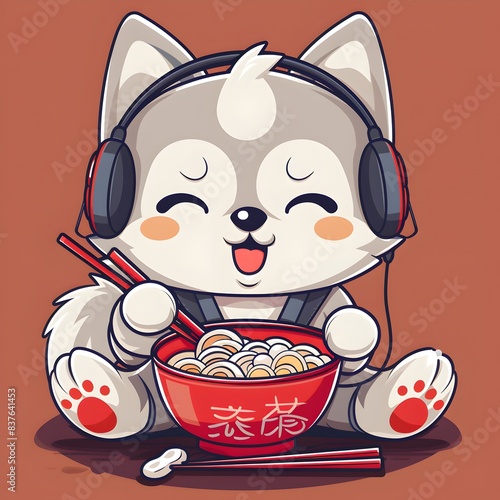 Kawaii cartoon of a husky with headphones on eating a bowl of ramen with chopsticks