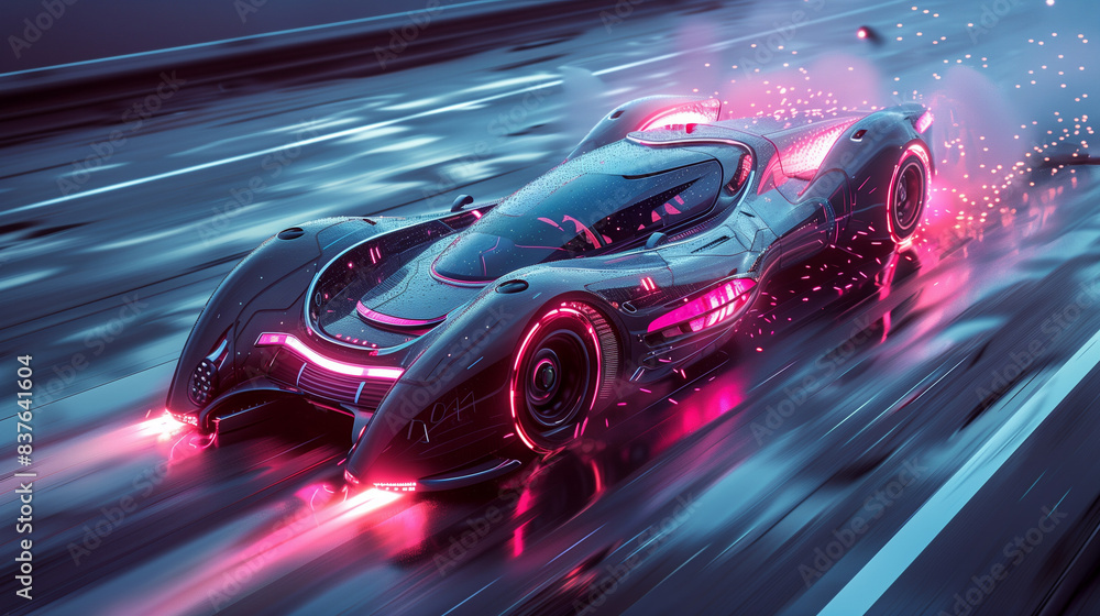 Fusion future style, futuristic vehicles, sleek design, deep brown, blue, black, neon purple, pink highlights, dynamic Fusion future style, futuristic vehicles, sleek design, deep brown, blue, black, neon purple, pink highlights, dynamic