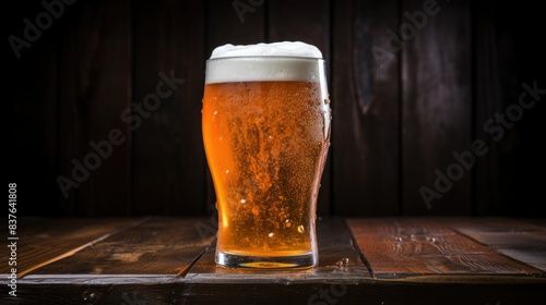 Photograph of a frosty glass of IPA with condensation dripping down the sides, set against a dark wooden background  photo