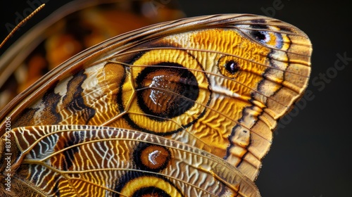  A tight shot of a butterfly s wing showcasing yellow and brown markings against a black backdrop