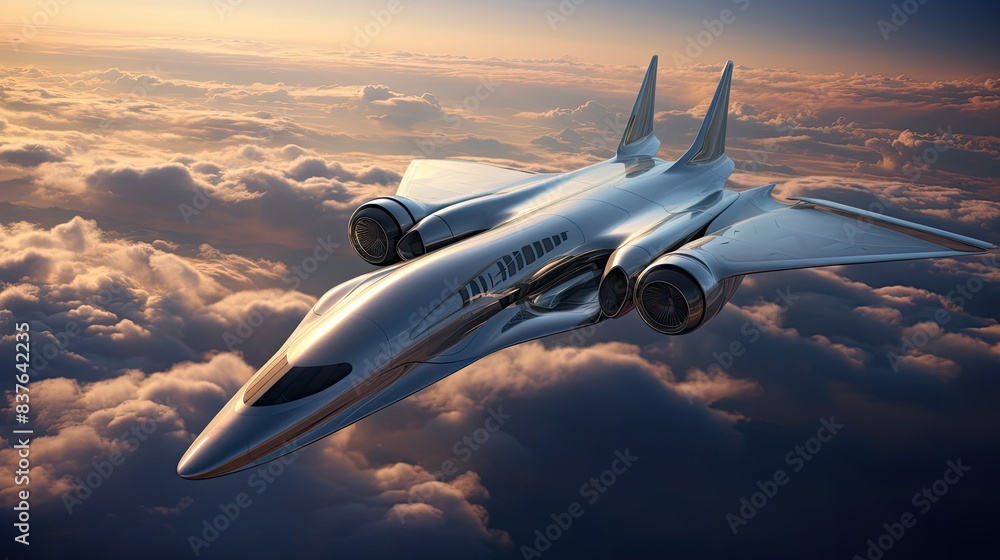 Fototapeta premium Photograph of a futuristic passenger aircraft, its sleek, aerodynamic design cutting through the clouds like a silver arrow, hinting at the possibilities of tomorrow's air travel
