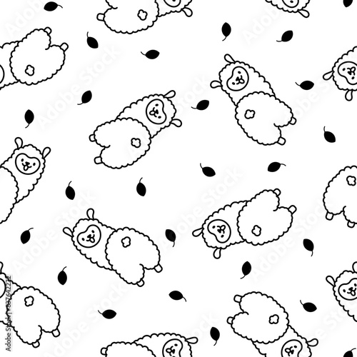 Cute kawaii little llama. Seamless pattern. Coloring Page. Cartoon funny alpaca, animals character. Hand drawn style. Vector drawing. Design ornaments.