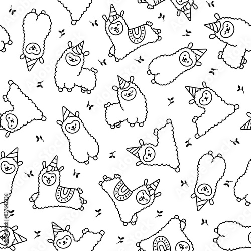 Cute kawaii little llama. Seamless pattern. Coloring Page. Cartoon funny alpaca, animals character. Hand drawn style. Vector drawing. Design ornaments.