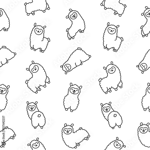 Cute kawaii little llama. Seamless pattern. Coloring Page. Cartoon funny alpaca, animals character. Hand drawn style. Vector drawing. Design ornaments.