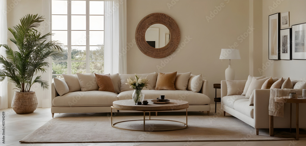 Fototapeta premium Comfortable and modern living room with a beige sofa, decorative plants, and a round mirror, showcasing stylish and ample space