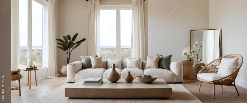 Fototapeta premium Modern living room with neutral color scheme, cozy couch, ample natural light, and expansive window views
