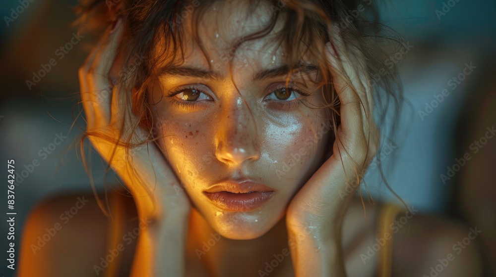 Portrait of a young woman with natural light highlighting her face, reflecting a contemplative and serene mood. Portrait of a young woman with natural light highlighting her face, reflecting a contemplative and serene mood.