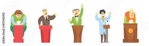 Politic Public Speech with Man Politician Speak from Tribune Vector Set
