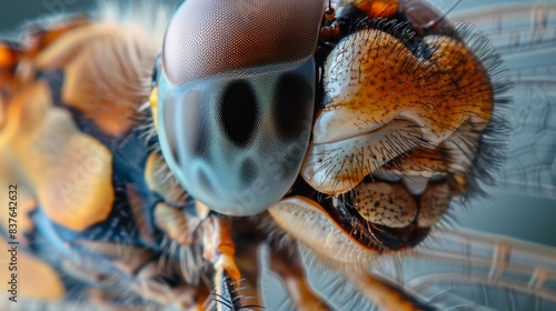  A close-up of a fly's head with a bug on its back end and another bug on its dorsal end © Mikus