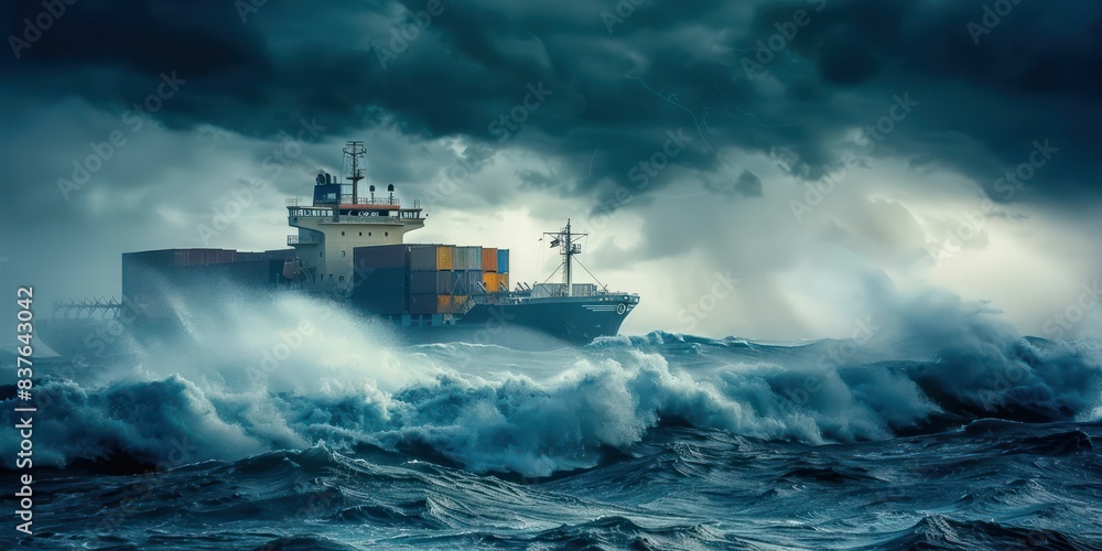 A dramatic photo of a container cargo freight ship braving stormy seas, emphasizing the resilience and strength of maritime transportation. A dramatic photo of a container cargo freight ship braving stormy seas, emphasizing the resilience and strength of maritime transportation.