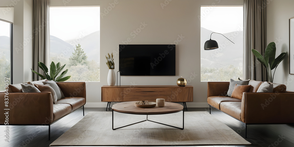 Fototapeta premium Stylish modern living room with leather sofas, wooden furnishings, and expansive windows showcasing a breathtaking mountain vista
