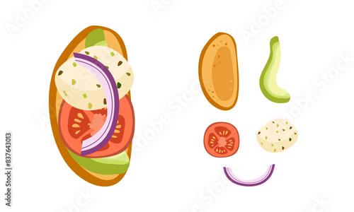 Breakfast toast with tomato, mozzarella, basil and avocado slice and onion . Grilled Italian sandwich with vegetables. Vegetarian snack. Healthy food. Colored flat vector illustration isolated on
