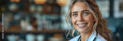 Smiling female doctor in a white coat with stethoscope, standing in a modern clinic. Professional medical staff providing healthcare.