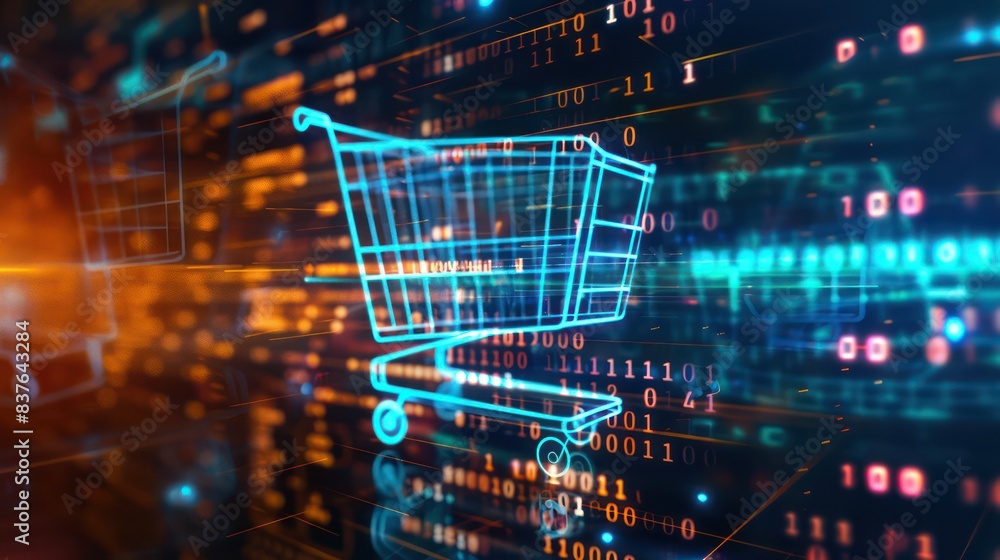 A dynamic CGI image of a holographic shopping cart icon floating in a digital environment, with binary code and futuristic elements adding depth to the background. A dynamic CGI image of a holographic shopping cart icon floating in a digital environment, with binary code and futuristic elements adding depth to the background.