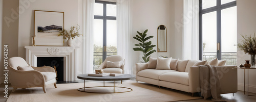 Contemporary living room with a luxurious white sofa  armchairs  and fireplace in a neutral color palette and abundant natural light