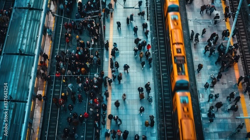 A dynamic aerial shot of a crowded railway terminus platform, showcasing the anonymity and movement of the bustling crowd below. photo