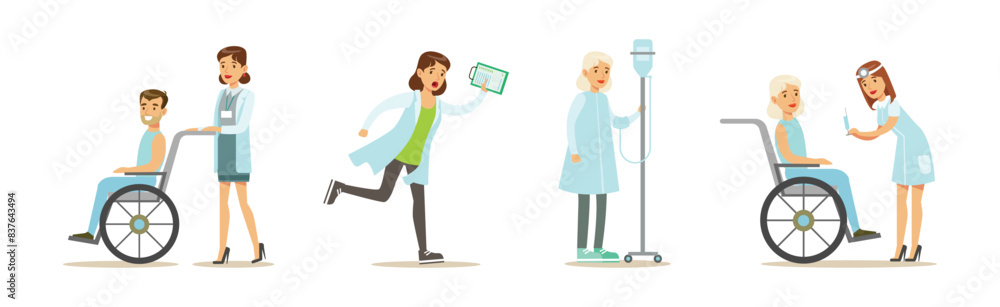 Doctor and Medical Staff with Patient Vector Set Doctor and Medical Staff with Patient Vector Set