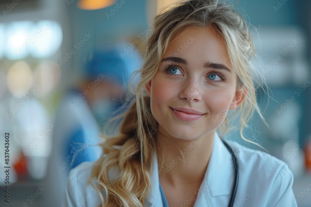 Smiling young female medical professional in a hospital setting, wearing stethoscope, blonde hair, blue eyes, confident expression. Smiling young female medical professional in a hospital setting, wearing stethoscope, blonde hair, blue eyes, confident expression.