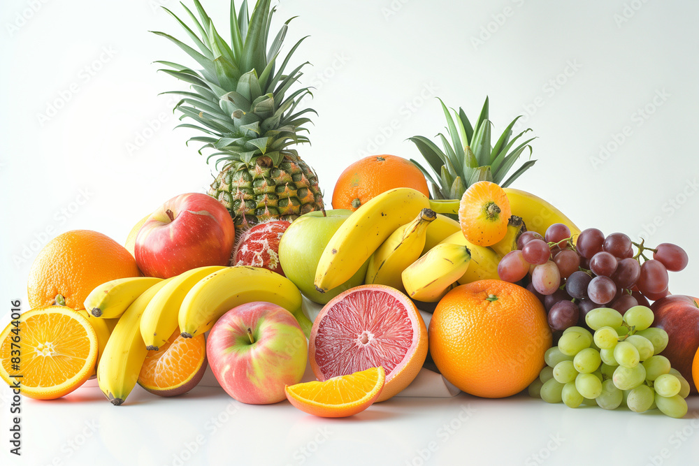 A pile of fresh fruits including apples, oranges, bananas, grapes and pineapples are arranged on a white background. Healthy diet concept. Commercial photo A pile of fresh fruits including apples, oranges, bananas, grapes and pineapples are arranged on a white background. Healthy diet concept. Commercial photo