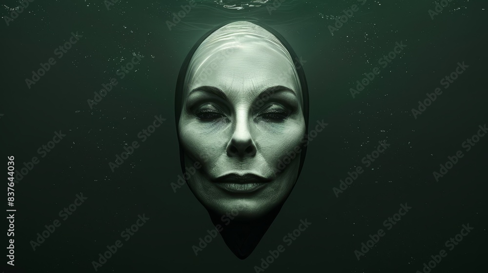 A woman's face submerged in water, displaying a puzzling expression, as if she were weightless and floating above it A woman's face submerged in water, displaying a puzzling expression, as if she were weightless and floating above it